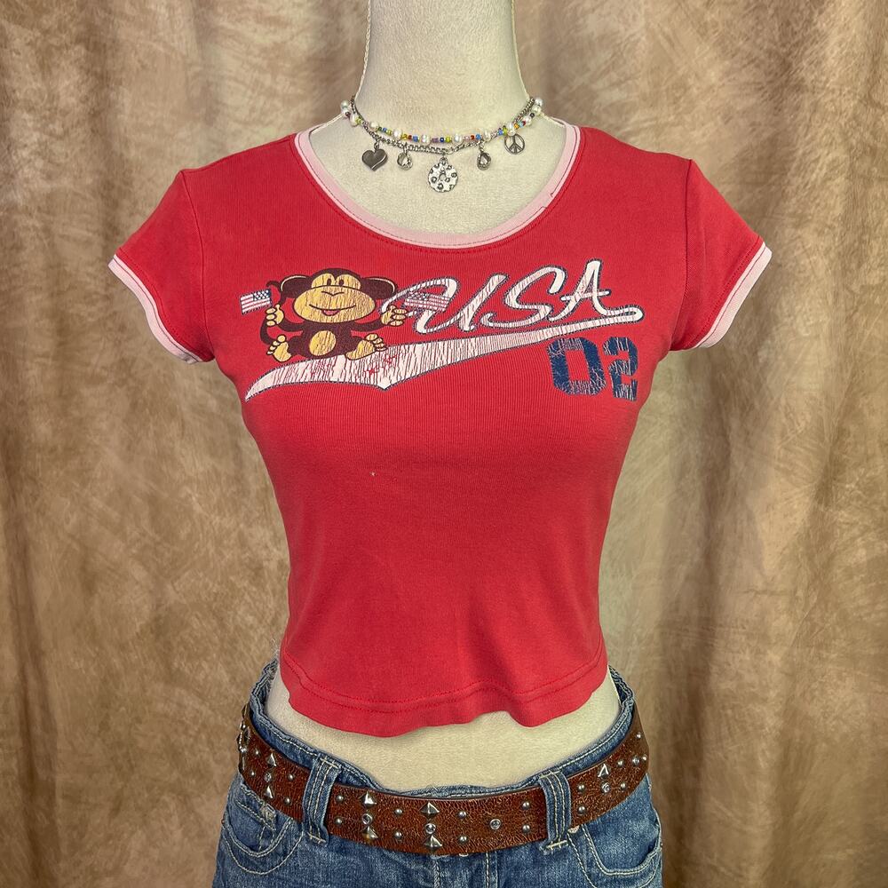 Vintage Y2K Baby Tee Ringer T-Shirt Cropped Monkey USA 02 Graphic Red Sporty